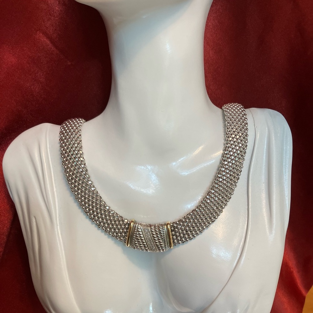 David Yurman style Silver, Gold and Diamonds Necklace Made in Italy